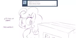 Size: 1280x640 | Tagged: safe, artist:dilarus, banned from derpibooru, deleted from derpibooru, derpibooru import, carrot top, golden harvest, comic:box of funk, meet-the-pones, ask, box, comic, dialogue, looking at something, monochrome, open mouth, simple background, smiling, solo, tumblr, white background