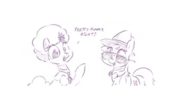 Size: 1280x640 | Tagged: safe, artist:dilarus, banned from derpibooru, deleted from derpibooru, derpibooru import, carrot top, derpy hooves, golden harvest, pegasus, pony, comic:box of funk, meet-the-pones, afro, dialogue, female, funk, glasses, hat, looking at you, mare, monochrome, open mouth, simple background, smiling, white background