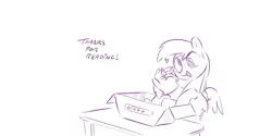 Size: 1280x640 | Tagged: safe, artist:dilarus, banned from derpibooru, deleted from derpibooru, derpibooru import, derpy hooves, dinky hooves, pegasus, pony, comic:box of funk, meet-the-pones, box, equestria's best daughter, eyes closed, female, heart, mare, monochrome, open mouth, pony in a box, simple background, smiling, spread wings, table, white background, wings