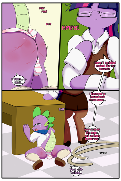 Size: 2000x3000 | Tagged: questionable, artist:saurian, banned from derpibooru, deleted from derpibooru, derpibooru import, spike, twilight sparkle, dragon, pony, comic:punishment, abuse, alternate hairstyle, ass, bipedal, butt, classroom, clothes, comic, crossdressing, crotch bulge, crying, dialogue, dragonbutt, eyes closed, femboy, femboy spike, foalcon, girly, glasses, glow, image, levitation, magic, male, messy mane, panties, png, school uniform, spank mark, spanking, spikeabuse, telekinesis, torn clothes, underage, underwear, wedgie