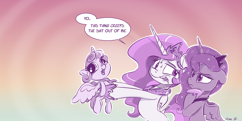 Size: 6000x3000 | Tagged: safe, artist:dilarus, artist:greyscaleart, banned from derpibooru, deleted from derpibooru, derpibooru import, princess celestia, princess flurry heart, princess luna, alicorn, pony, bust, comic, derp, dialogue, female, filly, floppy ears, frown, gradient background, hoof hold, jewelry, looking back, mare, open mouth, regalia, smiling, spread wings, sweat, thinking, trio, vulgar, wings