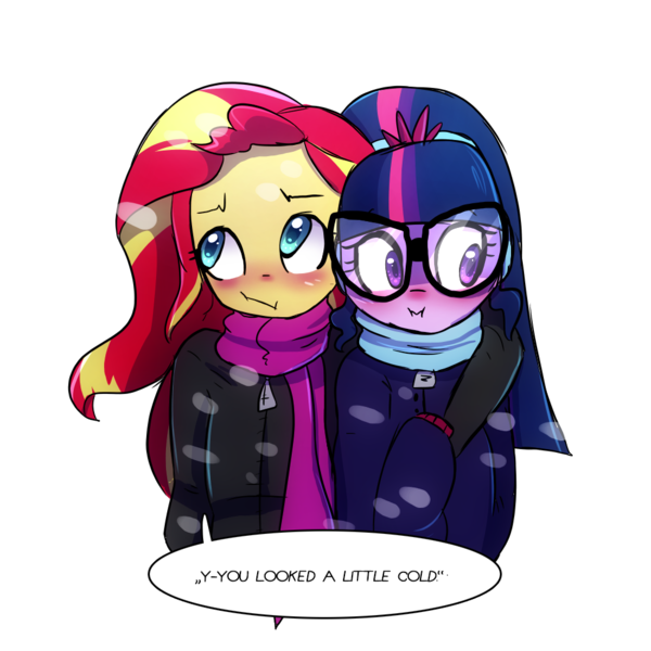 Size: 1000x1000 | Tagged: safe, artist:little-tweenframes, banned from derpibooru, deleted from derpibooru, derpibooru import, sci-twi, sunset shimmer, twilight sparkle, series:sciset diary, equestria girls, blushing, clothes, colored pupils, dialogue, female, glasses, hoodie, lesbian, scitwishimmer, shipping, simple background, speech bubble, sunsetsparkle, transparent background, winter outfit