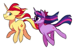 Size: 918x599 | Tagged: safe, artist:little-tweenframes, banned from derpibooru, deleted from derpibooru, derpibooru import, sci-twi, sunset shimmer, twilight sparkle, ponified, pony, unicorn, series:sciset diary, cute, equestria girls ponified, female, floppy ears, galloping, glasses, hilarious in hindsight, horses doing horse things, lesbian, looking back, open mouth, running, scitwishimmer, shipping, simple background, smiling, sunsetsparkle, transparent background, wingless