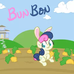 Size: 700x700 | Tagged: safe, artist:atlur, banned from derpibooru, deleted from derpibooru, derpibooru import, bon bon, sweetie drops, rabbit, animal, bonafied, bonpun, carrot, cute, easter, easter egg, food, garden, holiday, pun