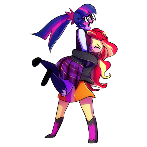 Size: 1000x1000 | Tagged: safe, artist:little-tweenframes, banned from derpibooru, deleted from derpibooru, derpibooru import, sci-twi, sunset shimmer, twilight sparkle, series:sciset diary, equestria girls, bear hug, blushing, blushing profusely, clothes, crying, crystal prep academy uniform, crystal prep shadowbolts, eyes closed, female, hape, holding, hug, jacket, leather jacket, lesbian, lifting, school uniform, scitwishimmer, shadowbolts, shipping, simple background, skirt, sunsetsparkle, tears of joy, transparent background