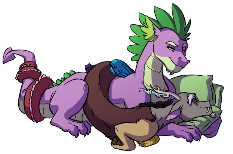 Size: 1280x849 | Tagged: safe, artist:lopoddity, banned from derpibooru, deleted from derpibooru, derpibooru import, discord, spike, draconequus, dragon, adult, adult spike, crack shipping, cuddling, dispike, eyes closed, gay, intertwined tails, lidded eyes, lying down, male, older, older spike, pillow, prone, quadrupedal spike, shipping, simple background, sleeping, smiling, snuggling, tail, tail wrap, transparent background