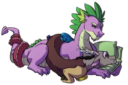 Size: 1280x849 | Tagged: safe, artist:lopoddity, banned from derpibooru, deleted from derpibooru, derpibooru import, discord, spike, draconequus, dragon, adult, adult spike, crack shipping, cuddling, dispike, eyes closed, gay, intertwined tails, lidded eyes, lying down, male, older, older spike, pillow, prone, quadrupedal spike, shipping, simple background, sleeping, smiling, snuggling, tail, tail wrap, transparent background