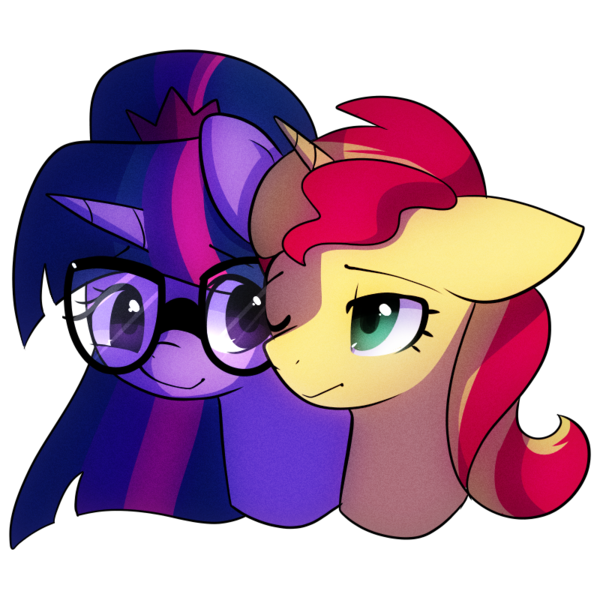 Size: 800x800 | Tagged: safe, artist:little-tweenframes, banned from derpibooru, deleted from derpibooru, derpibooru import, sci-twi, sunset shimmer, twilight sparkle, ponified, pony, series:sciset diary, equestria girls, equestria girls ponified, female, floppy ears, glasses, lesbian, one eye closed, scitwishimmer, shipping, simple background, sunsetsparkle, transparent background