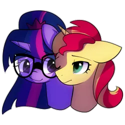 Size: 800x800 | Tagged: safe, artist:little-tweenframes, banned from derpibooru, deleted from derpibooru, derpibooru import, sci-twi, sunset shimmer, twilight sparkle, ponified, pony, series:sciset diary, equestria girls, equestria girls ponified, female, floppy ears, glasses, lesbian, one eye closed, scitwishimmer, shipping, simple background, sunsetsparkle, transparent background