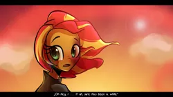 Size: 1280x720 | Tagged: safe, artist:little-tweenframes, banned from derpibooru, deleted from derpibooru, derpibooru import, sunset shimmer, equestria girls, clothes, dialogue, jacket, leather jacket, looking back, open mouth, solo, widescreen