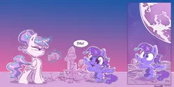 Size: 4000x2000 | Tagged: safe, artist:dilarus, artist:greyscaleart, banned from derpibooru, deleted from derpibooru, derpibooru import, princess celestia, princess luna, pony, meet-the-pones, :o, banishment, blocks, celestia is not amused, cewestia, comic, cute, diaper, disproportionate retribution, duo, female, filly, frown, glare, grumpy, levitation, magic, moon, open mouth, royal sisters, smiling, spread wings, telekinesis, to the moon, toy, unamused, wavy mouth, wide eyes, wings, woona, woonabuse, younger