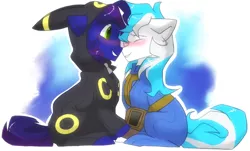 Size: 2021x1218 | Tagged: safe, artist:hiccupsdoesart, banned from derpibooru, deleted from derpibooru, derpibooru import, oc, oc:bramble snap, oc:neon blitz, unofficial characters only, umbreon, blushing, clothes, costume, fallout, gay, kigurumi, male, nuzzling, pokémon