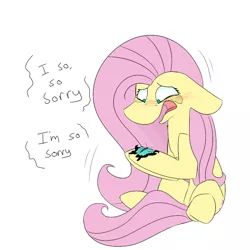 Size: 900x900 | Tagged: safe, artist:input-command, banned from derpibooru, deleted from derpibooru, derpibooru import, fluttershy, butterfly, 30 minute art challenge, crying, dialogue, holding, redraw, sad, simple background, sitting, solo, white background