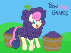 Size: 750x567 | Tagged: safe, artist:atlur, banned from derpibooru, deleted from derpibooru, derpibooru import, bon bon, sweetie drops, bonafied, bonpun, cute, food, fruit, grapes, looking at you, open mouth, pun, smiling, solo