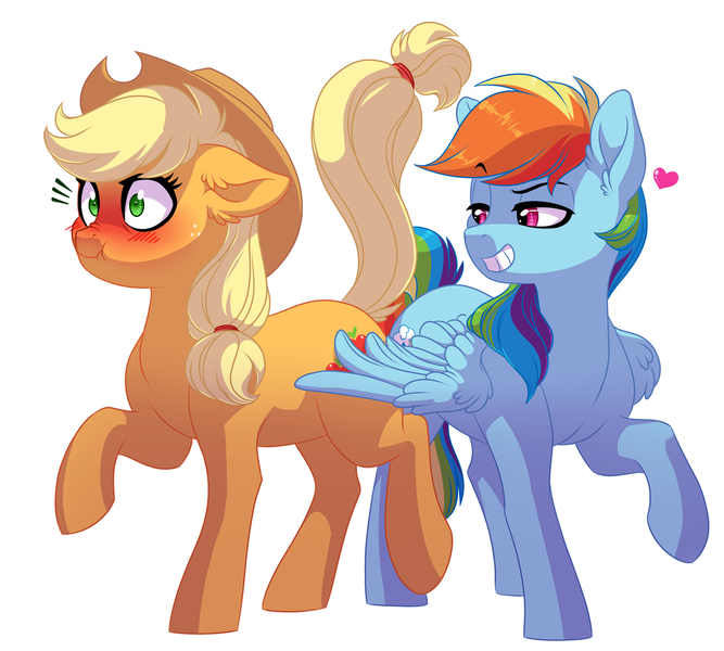 Size: 1024x921 | Tagged: safe, artist:lopoddity, banned from derpibooru, deleted from derpibooru, derpibooru import, applejack, rainbow dash, :i, appledash, blushing, butt touch, feathermarking, female, heart, lesbian, never doubt tchernobog's involvement, scrunchy face, shipping