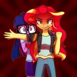 Size: 1000x1000 | Tagged: safe, artist:little-tweenframes, banned from derpibooru, deleted from derpibooru, derpibooru import, sci-twi, sunset shimmer, twilight sparkle, series:sciset diary, equestria girls, angry, broken glasses, crying, female, lesbian, looking at you, protecting, scitwishimmer, shipping, sunsetsparkle, this will end in pain
