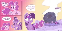 Size: 6000x3000 | Tagged: safe, artist:dilarus, artist:greyscaleart, banned from derpibooru, deleted from derpibooru, derpibooru import, pinkie pie, twilight sparkle, feeling pinkie keen, abuse, comic, curse cut short, duo, flattened, interrupted, meteor, meteorite, pinkie sense, squashed, squished, tempting fate, twilybuse
