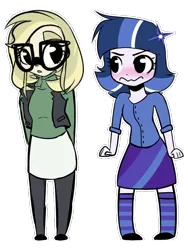 Size: 600x800 | Tagged: safe, artist:little-tweenframes, banned from derpibooru, deleted from derpibooru, derpibooru import, oc, oc:phoenix feather, oc:vespera, unofficial characters only, equestria girls, clothes, duo, equestria girls-ified, next generation, offspring, parent:flash sentry, parent:sunset shimmer, parent:timber spruce, parent:twilight sparkle, parents:flashlight, simple background, socks, striped socks, transparent background