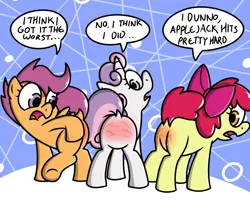 Size: 1000x800 | Tagged: suggestive, artist:pokefound, banned from derpibooru, deleted from derpibooru, derpibooru import, apple bloom, scootaloo, sweetie belle, apple bloom's bow, bow, butt, butt blush, cutie mark crusaders, dialogue, dock, featureless crotch, foalcon, hair bow, implied applejack, implied spanking, looking back, plot, punishment, raised tail, spanking, spank mark, tail, underage, whip marks