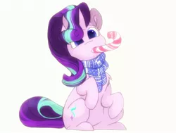 Size: 1914x1449 | Tagged: safe, artist:hiccupsdoesart, banned from derpibooru, deleted from derpibooru, derpibooru import, starlight glimmer, pony, unicorn, candy, candy cane, clothes, cute, female, food, glimmerbetes, hair over one eye, mare, mouth hold, scarf, sitting, smiling, solo