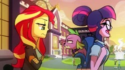 Size: 1280x720 | Tagged: safe, artist:little-tweenframes, banned from derpibooru, deleted from derpibooru, derpibooru import, sci-twi, spike, spike the regular dog, sunset shimmer, twilight sparkle, dog, series:sciset diary, equestria girls, backpack, canterlot high, female, glare, happy, i'm watching you, lesbian, looking at each other, open mouth, protecting, scitwishimmer, shipping, sunset, sunsetsparkle