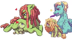 Size: 1280x718 | Tagged: safe, artist:lopoddity, banned from derpibooru, deleted from derpibooru, derpibooru import, tree hugger, zephyr breeze, oc, oc:chakra blossom, pony, pandoraverse, baby, baby pony, chest fluff, comb, female, fluffy, foal, hair over one eye, heart, looking at each other, male, next generation, offspring, one eye closed, parent:tree hugger, parent:zephyr breeze, parents:zephyrhugger, shipping, simple background, straight, white background, zephyrhugger