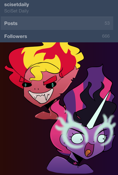 Size: 671x1000 | Tagged: safe, artist:little-tweenframes, banned from derpibooru, deleted from derpibooru, derpibooru import, sci-twi, sunset shimmer, twilight sparkle, series:sciset diary, equestria girls, friendship games, 666, duo, duo female, female, midnight sparkle, midnightsatan, milestone, sunset satan