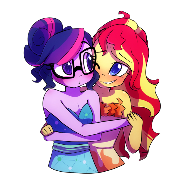 Size: 1000x1000 | Tagged: safe, artist:little-tweenframes, banned from derpibooru, deleted from derpibooru, derpibooru import, sci-twi, sunset shimmer, twilight sparkle, series:sciset diary, equestria girls, legend of everfree, blushing, clothes, crystal gala, cute, dress, female, glasses, lesbian, princess dress, scitwishimmer, shipping, sleeveless, strapless, sunsetsparkle, twiabetes