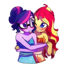 Size: 1000x1000 | Tagged: safe, artist:little-tweenframes, banned from derpibooru, deleted from derpibooru, derpibooru import, sci-twi, sunset shimmer, twilight sparkle, series:sciset diary, equestria girls, legend of everfree, blushing, clothes, crystal gala, cute, dress, female, glasses, lesbian, princess dress, scitwishimmer, shipping, sleeveless, strapless, sunsetsparkle, twiabetes