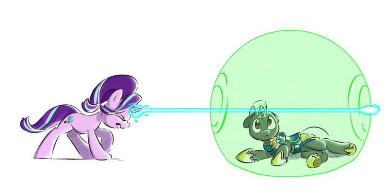 Size: 4000x2000 | Tagged: safe, artist:dilarus, banned from derpibooru, deleted from derpibooru, derpibooru import, starlight glimmer, oc, oc:scope, pony, unicorn, armor, blast, commission, eyes closed, force field, lying down, magic, magic blast, overpowered, pew pew, royal guard, shield, side, simple background, transparent background, underhoof