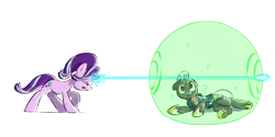 Size: 4000x2000 | Tagged: safe, artist:dilarus, banned from derpibooru, deleted from derpibooru, derpibooru import, starlight glimmer, oc, oc:scope, pony, unicorn, armor, blast, commission, eyes closed, force field, lying down, magic, magic blast, overpowered, pew pew, royal guard, shield, side, simple background, transparent background, underhoof