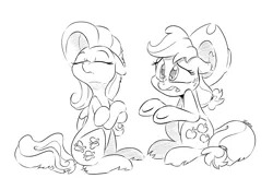 Size: 5000x3472 | Tagged: safe, artist:dilarus, banned from derpibooru, deleted from derpibooru, derpibooru import, applejack, fluttershy, absurd resolution, crossed hooves, denial, duo, lineart, monochrome, simple background, sitting, white background