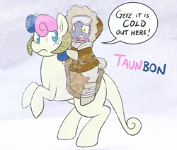 Size: 750x638 | Tagged: safe, artist:atlur, banned from derpibooru, deleted from derpibooru, derpibooru import, bon bon, limestone pie, sweetie drops, bonafied, bonpun, crossover, dialogue, duo, fridge horror, pun, snow, species swap, star wars, tauntaun, the implications are horrible, this will end in death