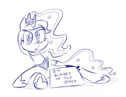 Size: 1280x994 | Tagged: safe, artist:dilarus, banned from derpibooru, deleted from derpibooru, derpibooru import, princess luna, alicorn, pony, afraid of the dark, crossed hooves, irony, looking at you, monochrome, pony shaming, prone, sign, simple background, sketch, solo, white background