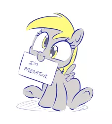 Size: 928x1024 | Tagged: safe, artist:dilarus, banned from derpibooru, deleted from derpibooru, derpibooru import, edit, derpy hooves, pegasus, pony, cute, female, mare, mouth hold, pony shaming, predator, sign, simple background, sitting, smiling, solo, spread wings, underhoof, white background, wings