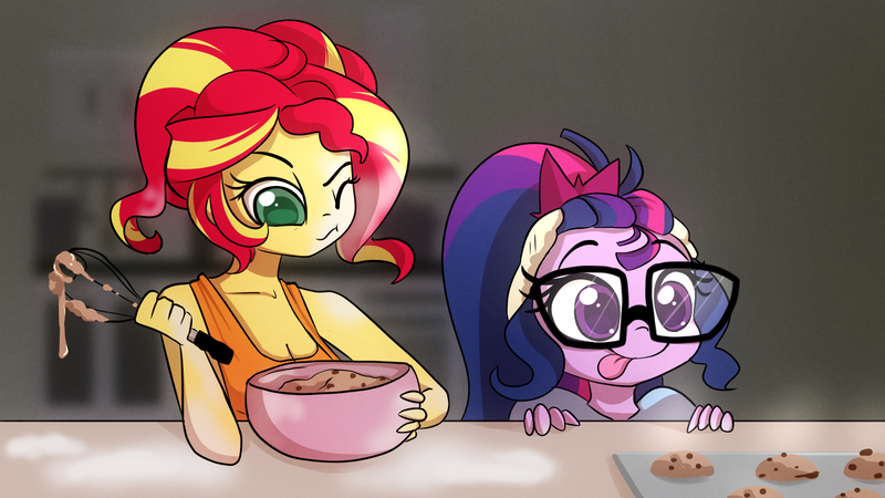 Size: 1280x720 | Tagged: safe, artist:little-tweenframes, banned from derpibooru, deleted from derpibooru, derpibooru import, sci-twi, sunset shimmer, twilight sparkle, series:sciset diary, equestria girls, alternate hairstyle, batter, breasts, cleavage, cookie, cookie dough, cute, female, food, kitchen, lesbian, scitwishimmer, shimmerbetes, shipping, sunsetsparkle, tongue out, twiabetes