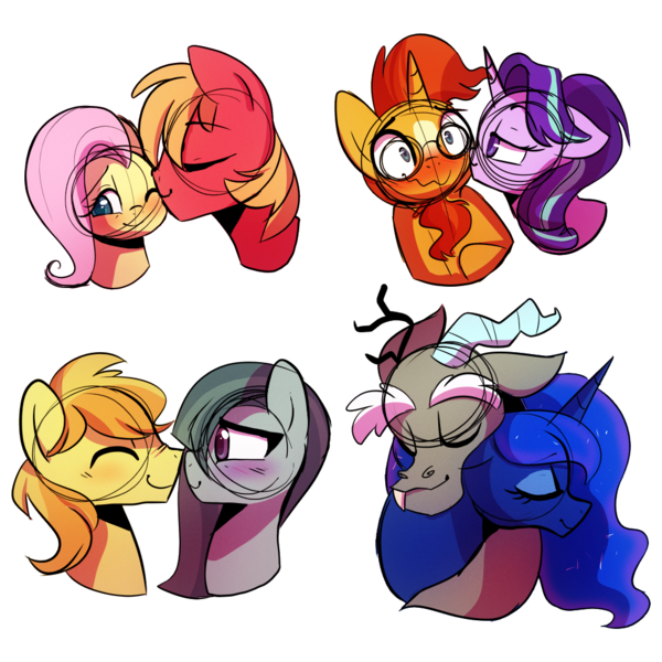 Size: 1000x1000 | Tagged: safe, artist:little-tweenframes, banned from derpibooru, deleted from derpibooru, derpibooru import, big macintosh, braeburn, discord, fluttershy, marble pie, princess luna, starlight glimmer, sunburst, alicorn, draconequus, earth pony, pegasus, pony, blushing, boop, braeble, crack shipping, cute, female, fluttermac, lunacord, male, noseboop, shipping, simple background, sketch, starburst, straight, transparent background, wavy mouth