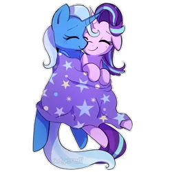 Size: 1000x1000 | Tagged: safe, artist:little-tweenframes, banned from derpibooru, deleted from derpibooru, derpibooru import, starlight glimmer, trixie, pony, unicorn, blanket, blanket burrito, blushing, cape, clothes, commission, cuddling, cute, diatrixes, eyes closed, female, floppy ears, glimmerbetes, lesbian, mare, shipping, simple background, smiling, snuggling, startrix, transparent background, trixie's cape