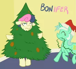 Size: 745x675 | Tagged: safe, artist:atlur, banned from derpibooru, deleted from derpibooru, derpibooru import, bon bon, lyra heartstrings, sweetie drops, earth pony, pony, unicorn, bon bon is not amused, bonafied, bonpun, christmas, christmas lights, christmas tree, conifer tree, eyes closed, floppy ears, hat, holiday, mouth hold, pun, santa hat, smiling, tree, unamused