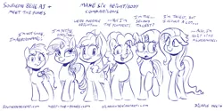Size: 6000x3000 | Tagged: safe, artist:dilarus, banned from derpibooru, deleted from derpibooru, derpibooru import, applejack, fluttershy, pinkie pie, rainbow dash, rarity, twilight sparkle, absurd resolution, dialogue, diverse body types, floppy ears, grin, headcanon, height difference, lidded eyes, looking at you, mane six, monochrome, :o, open mouth, raised hoof, raised leg, simple background, size chart, size comparison, size difference, sketch, smiling, smoldash, tallershy, white background, wide eyes