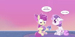 Size: 6000x3000 | Tagged: suggestive, artist:dilarus, artist:greyscaleart, artist:trevorrain, banned from derpibooru, deleted from derpibooru, derpibooru import, apple bloom, sweetie belle, earth pony, pony, unicorn, meet-the-pones, absurd resolution, bow, collaboration, cutie mark, dialogue, dilated pupils, eye clipping through hair, eyes on the prize, female, filly, floppy ears, freckles, frown, hair bow, high res, implied sweetiebloom, open mouth, present, sitting, sweat, the cmc's cutie marks, wide eyes