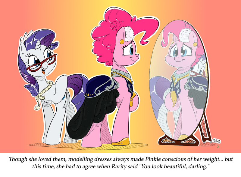 Size: 1389x1024 | Tagged: safe, artist:dilarus, banned from derpibooru, color edit, deleted from derpibooru, derpibooru import, edit, pinkie pie, rarity, chubby, clothes, colored, darling, dress, female, glasses, lesbian, mirror, raripie, reflection, shipping
