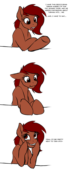 Size: 726x1743 | Tagged: safe, artist:acesential, banned from derpibooru, deleted from derpibooru, derpibooru import, oc, oc:penny, unofficial characters only, blushing, comic, human to pony, lip bite, narcissism, solo, transformation