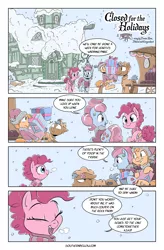 Size: 3500x5333 | Tagged: safe, artist:dilarus, artist:greyscaleart, artist:trevorrain, banned from derpibooru, deleted from derpibooru, derpibooru import, carrot cake, cup cake, pinkie pie, oc, oc:straight and narrow, pony, comic:closed for the holidays, absurd resolution, bipedal, collaboration, comic
