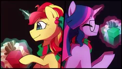 Size: 1280x720 | Tagged: safe, artist:little-tweenframes, banned from derpibooru, deleted from derpibooru, derpibooru import, sci-twi, sunset shimmer, twilight sparkle, ponified, pony, series:sciset diary, equestria girls, alternate hairstyle, christmas, christmas presents, clothes, equestria girls ponified, eyes closed, female, glasses, holiday, holly, lesbian, scarf, scitwishimmer, shipping, sunsetsparkle, wingless