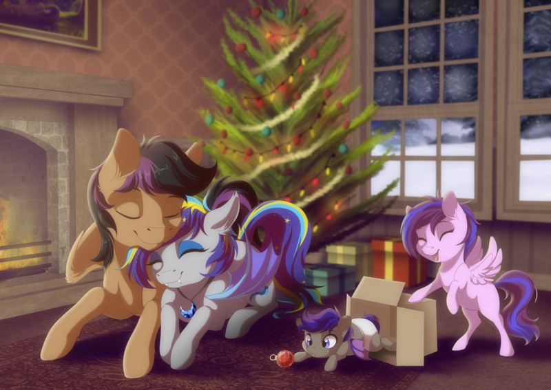 Size: 900x638 | Tagged: safe, artist:dvixie, banned from derpibooru, deleted from derpibooru, derpibooru import, stellar eclipse, oc, oc:midnight eclipse, oc:night lark, bat pony, pegasus, pony, baby, baby pony, box, canon x oc, christmas, christmas tree, colt, commission, cute, diaper, eyes closed, female, filly, holiday, male, mare, offspring, open mouth, ornament, parent:oc:night lark, parent:stellar eclipse, parents:canon x oc, parents:stellarnight, prone, shipping, stallion, stellarnight, straight, tree