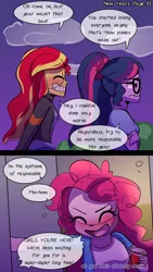 Size: 720x1280 | Tagged: suggestive, artist:little-tweenframes, banned from derpibooru, deleted from derpibooru, derpibooru import, pinkie pie, sci-twi, sunset shimmer, twilight sparkle, series:sciset diary, equestria girls, alcohol, beer, blushing, clothes, cloud, comic, cup, dialogue, drunk, eyes closed, female, glasses, grin, lesbian, new year, new years eve, night, open mouth, scitwishimmer, shipping, smiling, sunsetsparkle, xk-class end-of-the-world scenario