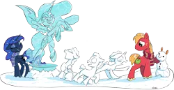 Size: 5649x2914 | Tagged: source needed, safe, artist:dilarus, banned from derpibooru, deleted from derpibooru, derpibooru import, big macintosh, princess luna, earth pony, pony, absurd resolution, clothes, commission, fear, female, ice sculpture, lunamac, male, running, scarf, shipping, snow, snowpony, stallion, straight, winter