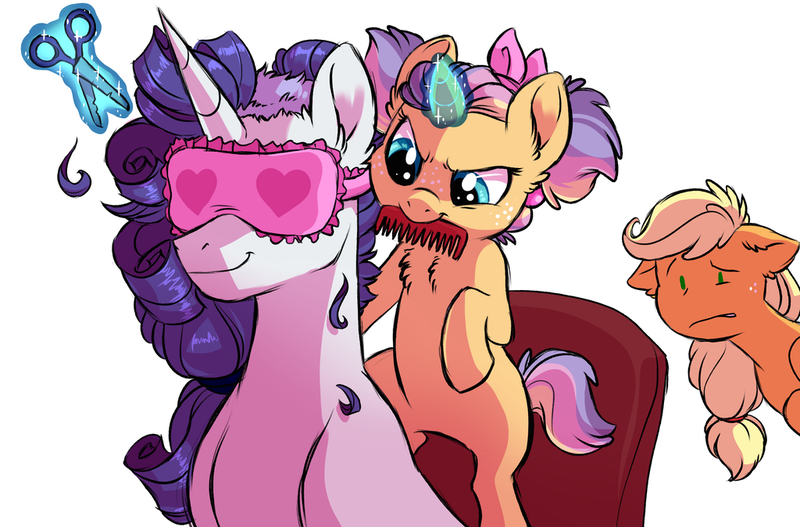 Size: 1024x674 | Tagged: safe, artist:lopoddity, banned from derpibooru, deleted from derpibooru, derpibooru import, applejack, rarity, oc, oc:magnolia may, pony, unicorn, pandoraverse, blindfold, chest fluff, comb, female, filly, floppy ears, freckles, haircut, lesbian, magic, magical lesbian spawn, mouth hold, next generation, offspring, parent:applejack, parent:rarity, parents:rarijack, rarijack, scissors, shipping, simple background, telekinesis, this will end in tears