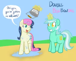 Size: 700x562 | Tagged: safe, artist:atlur, banned from derpibooru, deleted from derpibooru, derpibooru import, bon bon, lyra heartstrings, sweetie drops, earth pony, pony, unicorn, bonafied, bonpun, bucket, dialogue, double entendre, female, grin, ice bucket challenge, lesbian, levitation, lidded eyes, looking at each other, lyrabon, magic, open mouth, puddle, pun, shipping, smiling, speech bubble, telekinesis, water, wet, wet mane